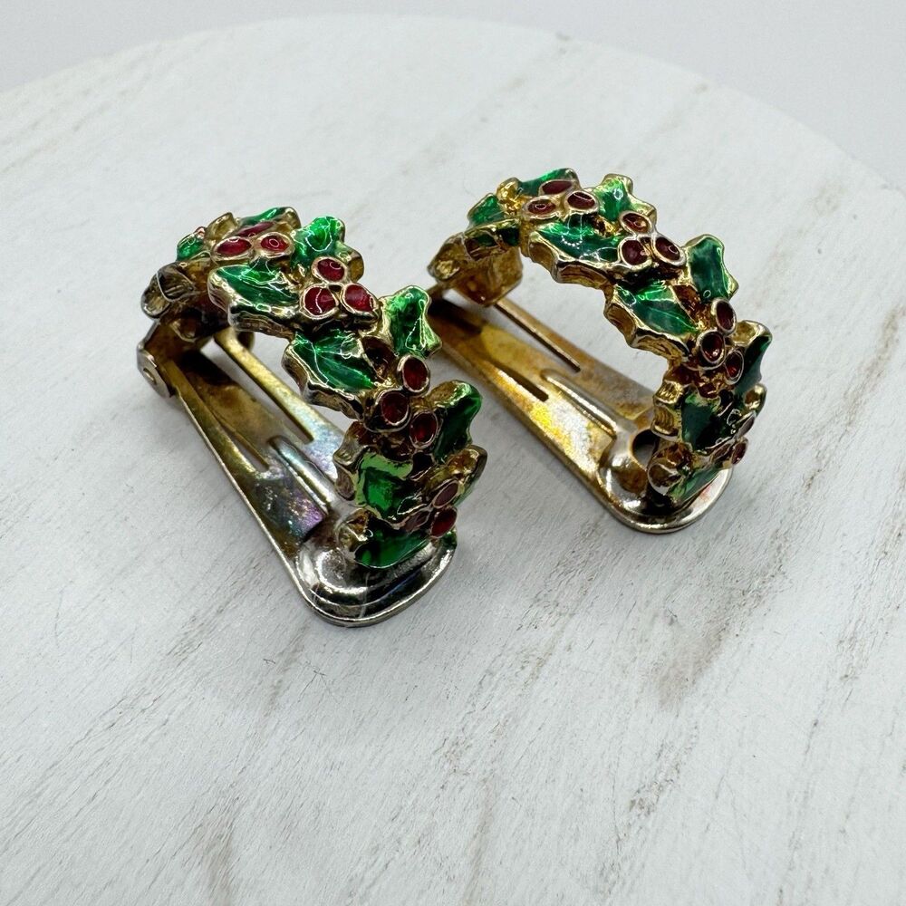 Vintage Mid Century Christmas Holly Leaves Half Hoop Clip on Earrings Retro